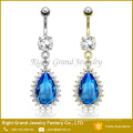 Surgical Steel Dangle Blue Teardrop Cubic Zirconia Gem Trim Belly Ring